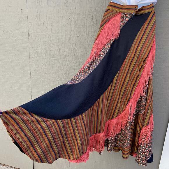 Handmade Vintage Style Boho Full Floral Skirt with Fringe - Picture 6 of 9